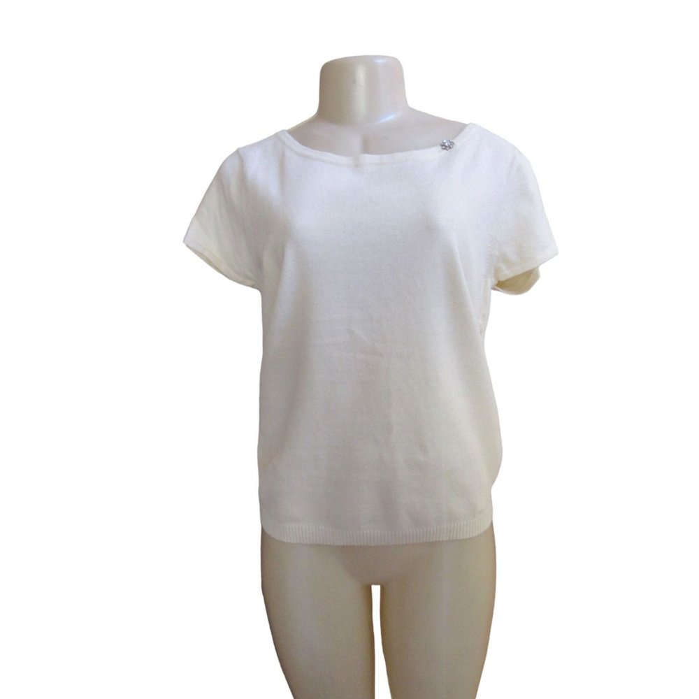 Vintage New w Tag, Gap Off White Short Sleeve Sweater w Flower Rhinestones Sz L